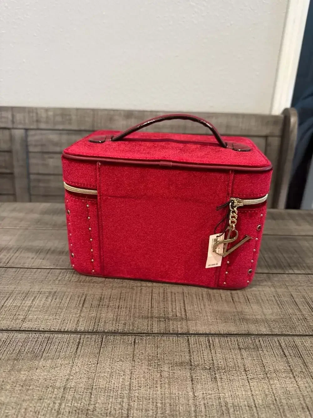 Victoria's Secret Red Velvet Studded Vanity Train Case Makeup Bag - Picture 3 of 6